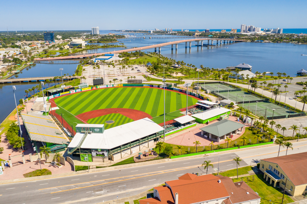Aerial view of a baseball field next to the water