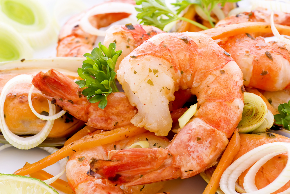 Close up of shrimp on pasta